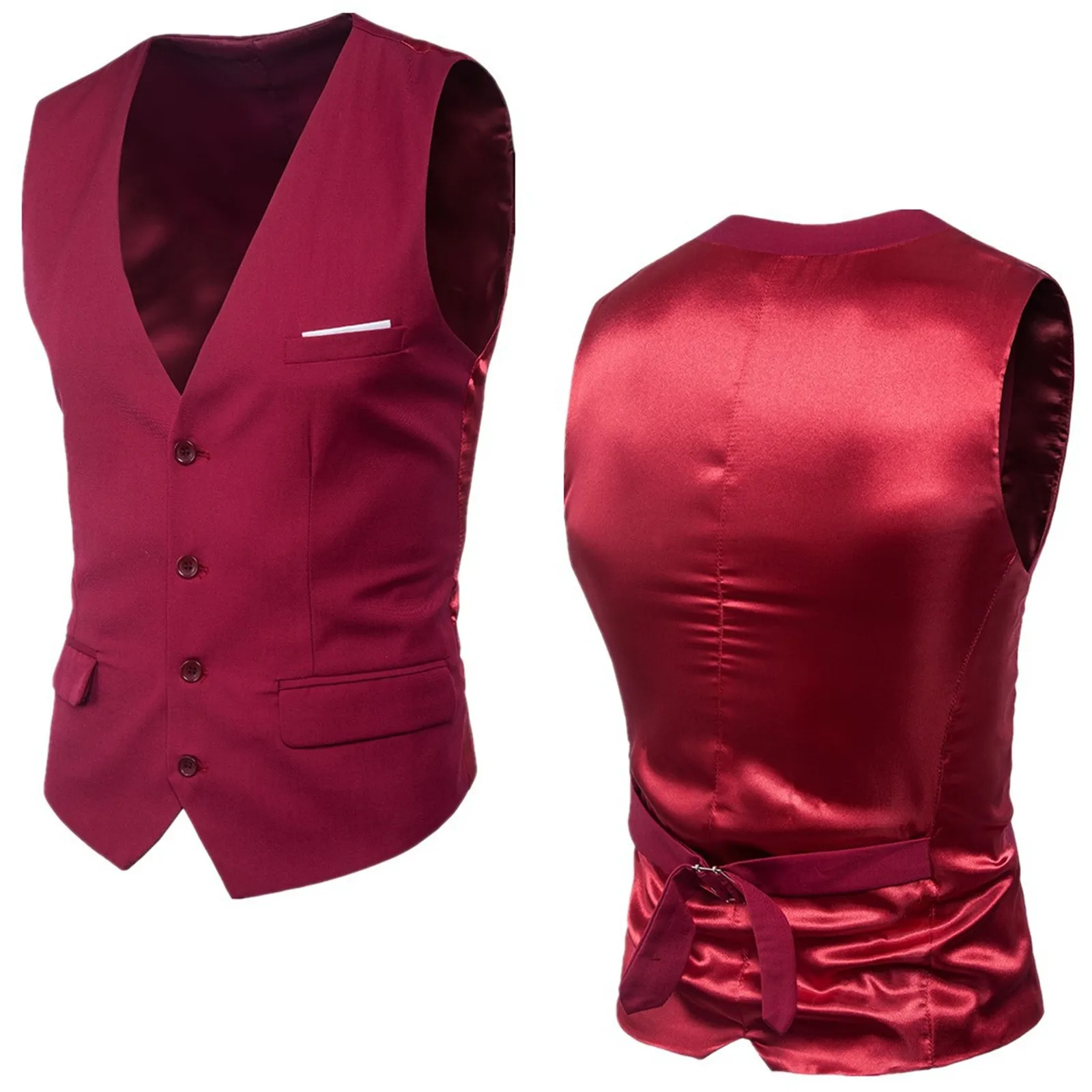 Colete masculino clássico vermelho com decote em V, colete formal, colete leve, monocromático, prateado, casamento, baile de formatura, moda