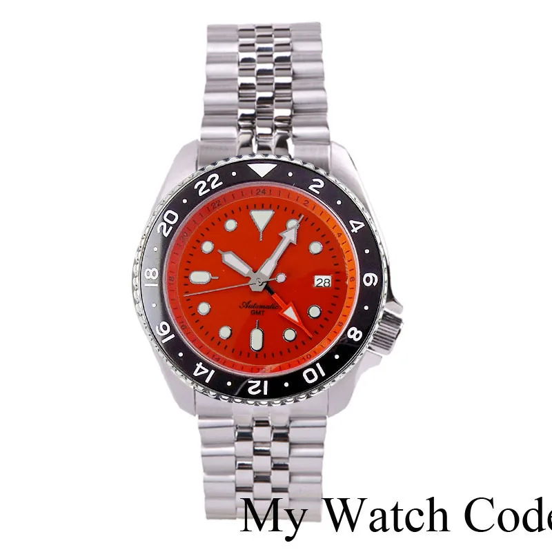 SSKX001 Orange NH34 GMT Dive Steel Mechanical Watches Men NH34 Movt 3.8 Crown 24 Hour Sports Chapter 120clicks Bezel 200m