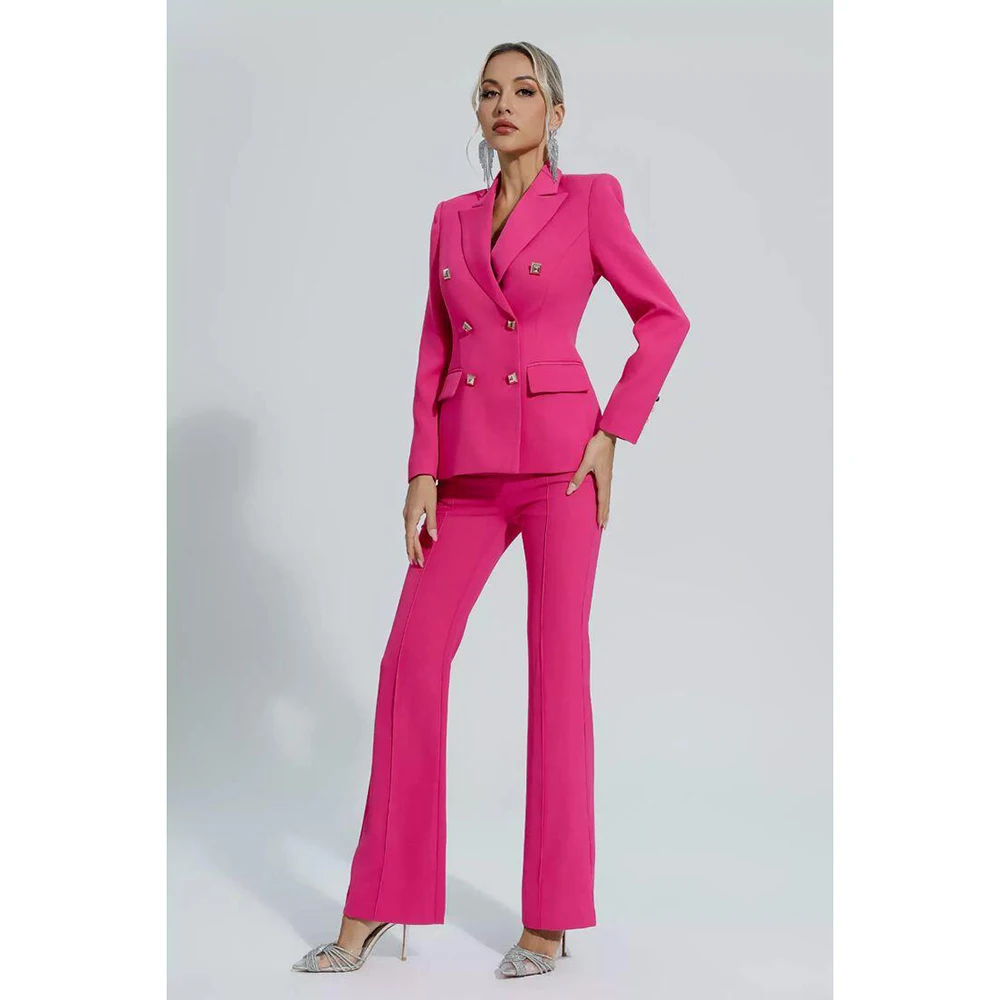 Rose Pink Slim Double Breasted Women Pants Set New Female Two Pieces(Blazer+Trousers) conjuntos femininos elegantes