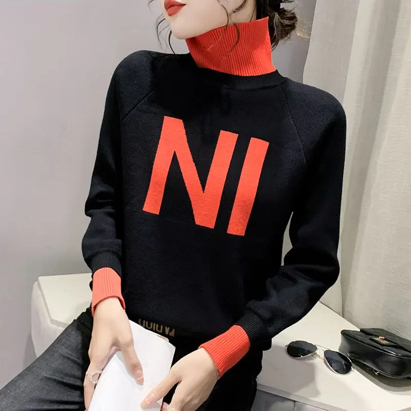 Korean Letter Knitted Jumpers Contrasting Colors Patchwork Women's Clothing Long Sleeve Autumn Winter Turtleneck Loose Sweaters