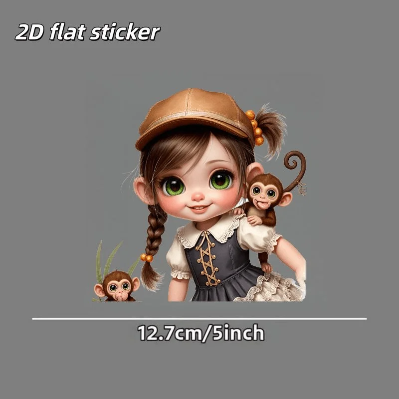 1Pc 2D Flat Cartoon Girl With Monkeys Vinyl Sticker, Waterproof Decal for Car Window Bumper Smooth Surface, Holiday Gift
