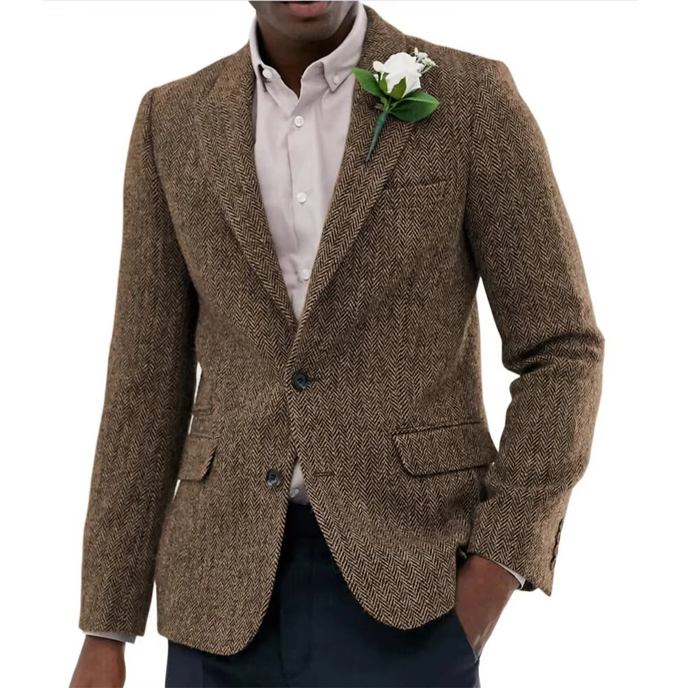 Classic Brown Herringbone Business Men Suits Jacket 1 Piece Groom Wedding Casual Slim Fit Party Costume Homme Blazer