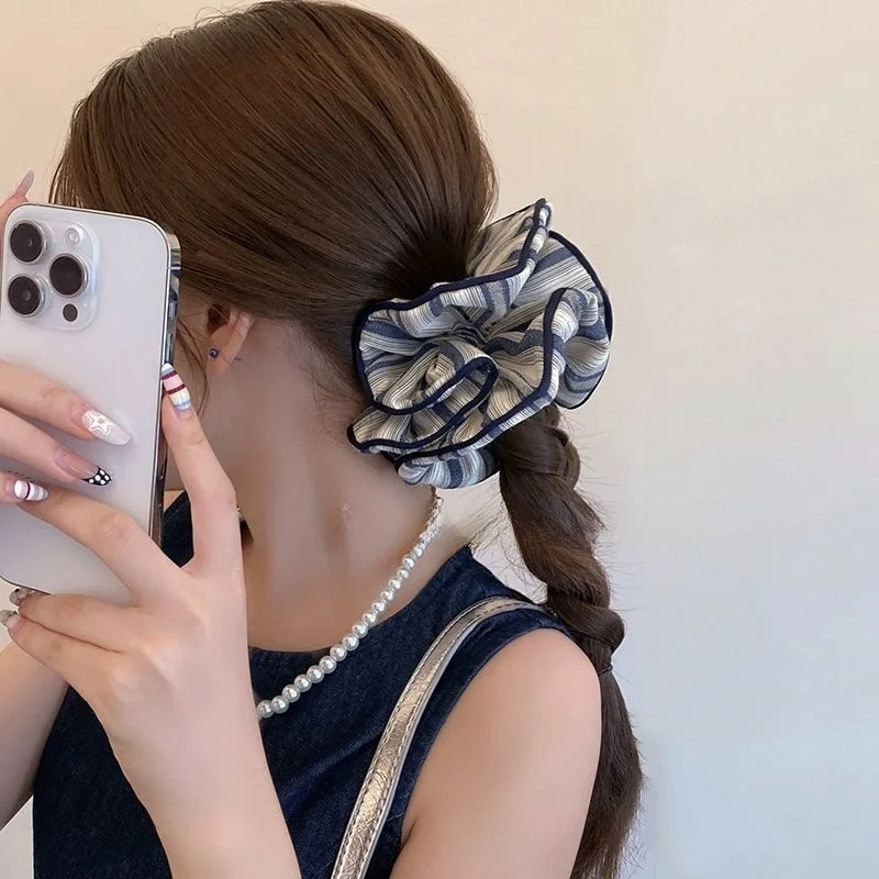 Korean Navy Blue Striped High Ponytail Headband