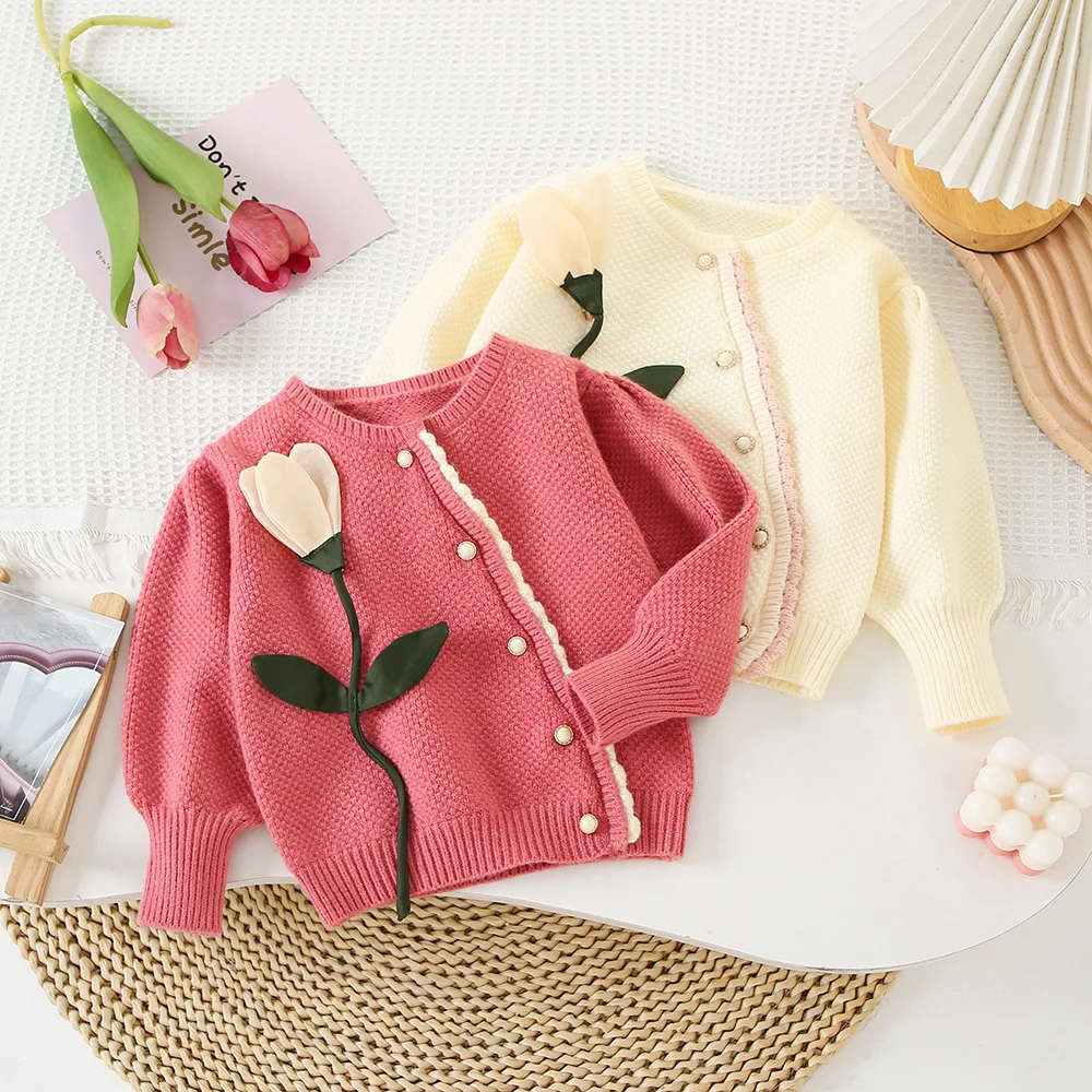 Girls 3D Floral Knit Cardigan – Korean Style Autumn Outerwear for Toddlers, Cute Open-Front Sweater for Baby Kids