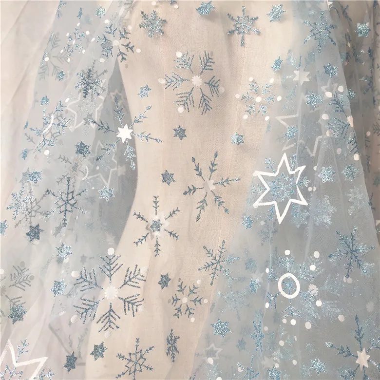 Light blue mesh snowflake five-pointed star bronzing fabric DIY hand-decorated dust-proof women\'s skirt doll clothing