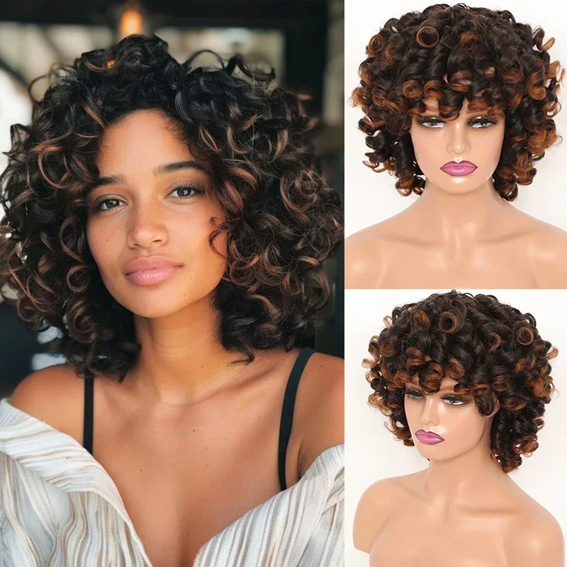 

Ombre Brown Bouncy Loose Curly Wig with Bangs Short Afro Fulffy Curly Wigs for Women Cosplay Natural Synthetic Kinky Curly Wig