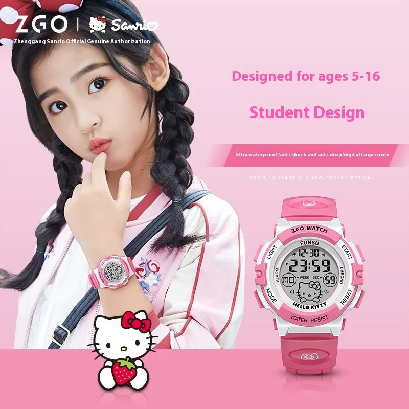 Sanrio Zgo Hello Kitty Watch Sports Waterproof Luminous Digital Watch Gifts For Female Students Kawaii Kids Watch Gift Toy Watch