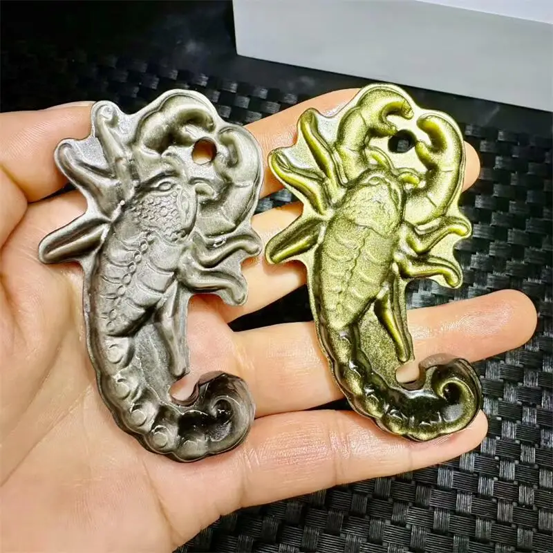 1PCS Natural Silver & Golden Obsidian Scorpion Carving - Feng Shui Home Decoration Animal Craft Gift Stone Statue