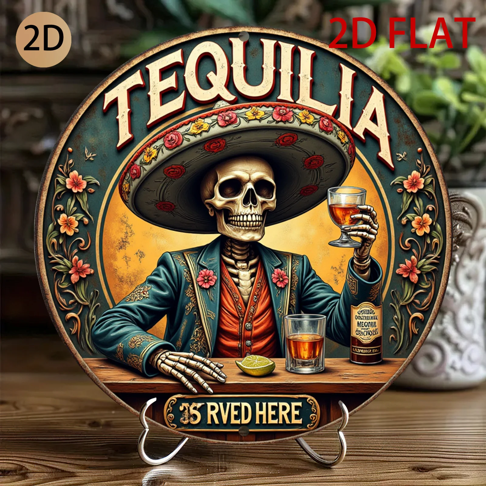 Décoration murale en métal sur le thème de la Tequila pour la Journée des Morts - Décoration de bar mexicain rustique avec squelette, sombrero et motifs floraux