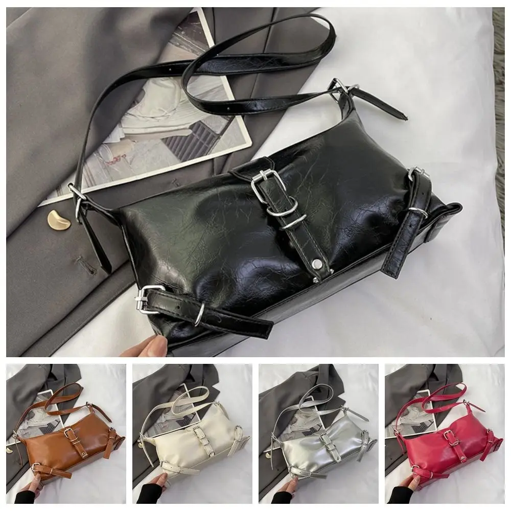 Grote Capaciteit Pu Lederen Schoudertas Koreaanse Stijl Effen Kleur Textuur Handtas Punk Waterdichte Lock Gesp Crossbody Tas Party