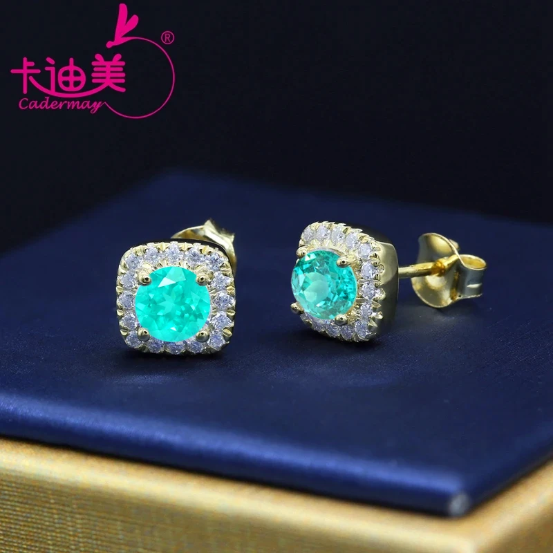 Paraiba Color 5mm Lab Grown Yttrium Aluminum Garnet With Inclusions S925 Silver18k Yellow Gold Earrings  For Women Fine Jewelry