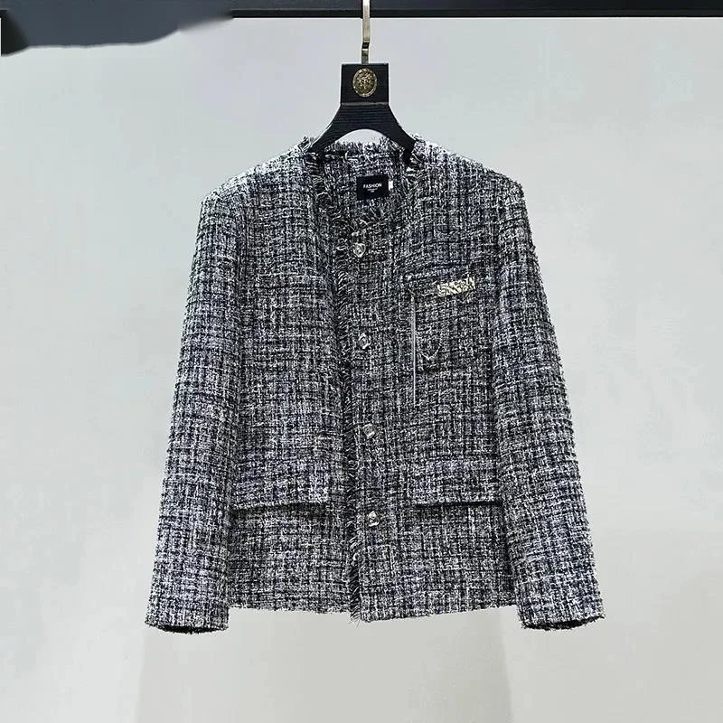 Korean Style Men's Jacket Shoulder Padded Woven Frayed Design Long Sleeve Single-breasted Fashion Male Coats DFR56