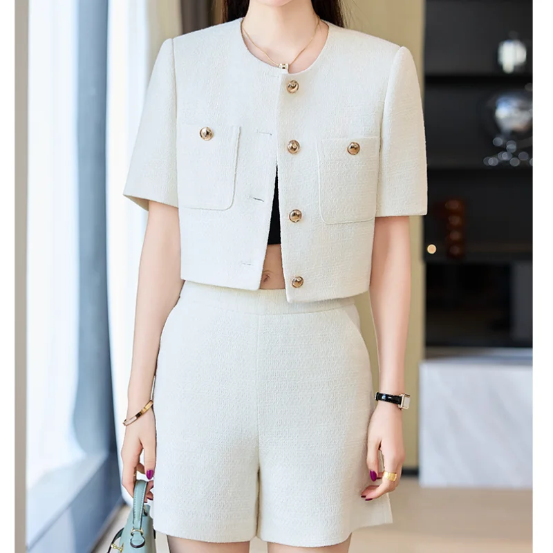 Tweed Casual Suit Coat+ Shorts Suit Women's New High-quality Office White Black Summer French Korea Chic Two-piece Lady Suit