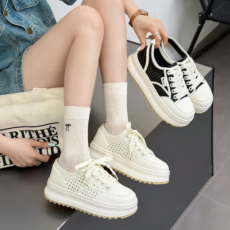 Hollow Woven Little White Shoes Women's New Summer Mesh Breathable Casual Thick Sole Soft Sole Muffin Board Sneakers Wedge