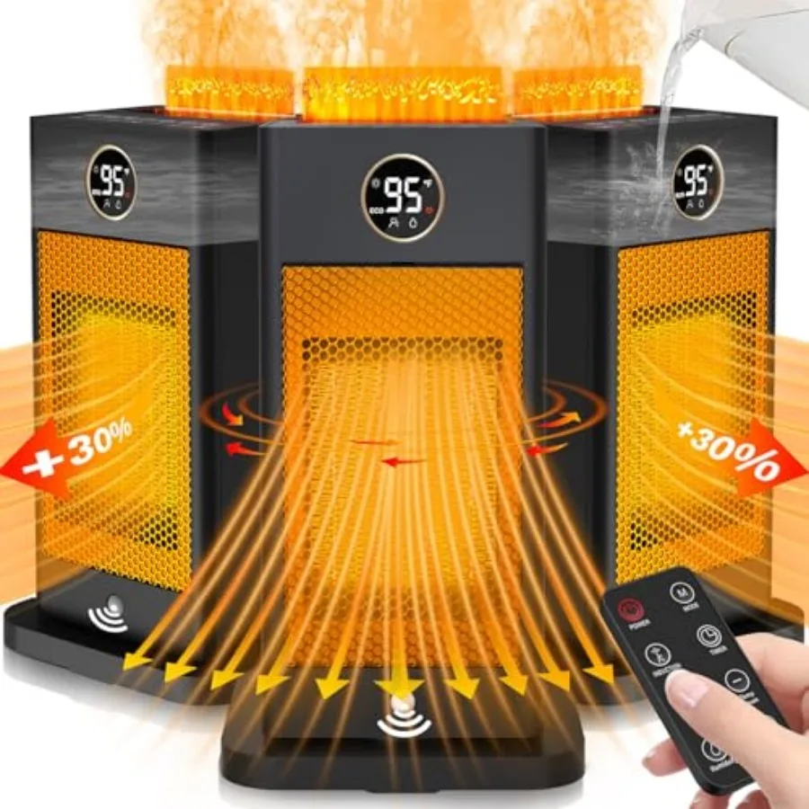 Space Heater with Humidifier, 3-in-1 Space Heaters for Indoor Use with Motion Sensor/3D Flame Effect, 1500W Portable Heater for