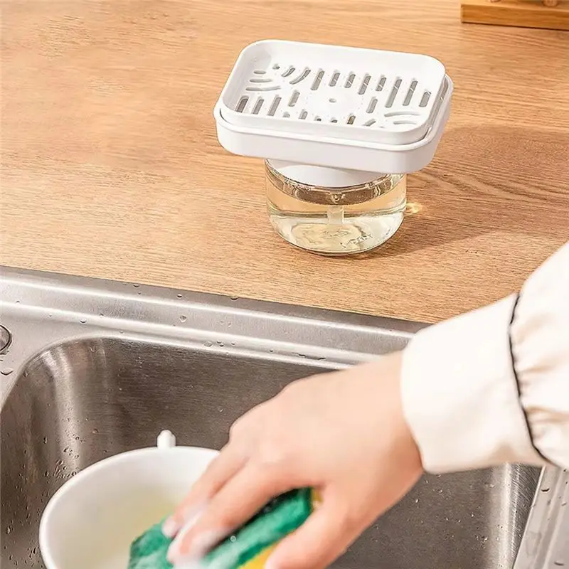 ABJO-Dish Soap Dispenser With Pump Sponge Holder And Detergent Box For Efficient Kitchen Cleaning
