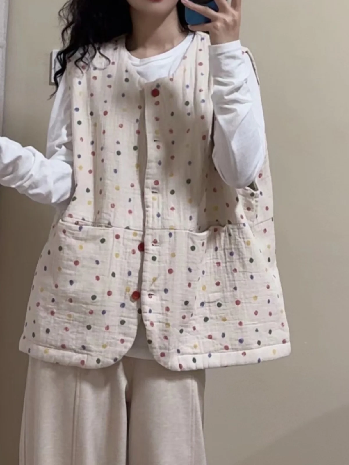 

Warm Retro Chinese Hemp Cotton Vest Women's Outerwear Retro Print Fce-Lined ex Sle round Ne No-Sve Top