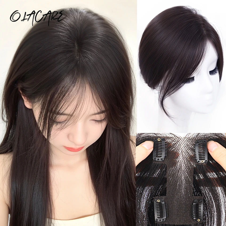 OLACARE Synthetic Hair Topper With Bangs Invisible 3D Hair Toupee Hairpieces Top Hair Closures for Men and Womens
