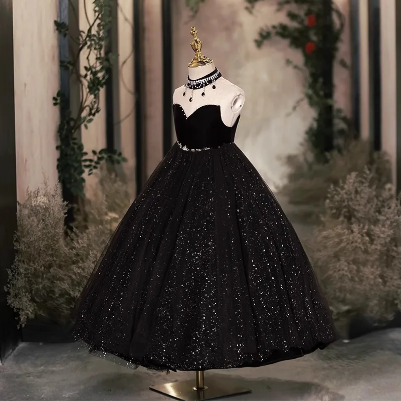 2024 Girls Noble Fashion Evening Long Dress Elegant Party Girl Dresses Sleeveless Black Gala Costume for Children Sequin Clothes