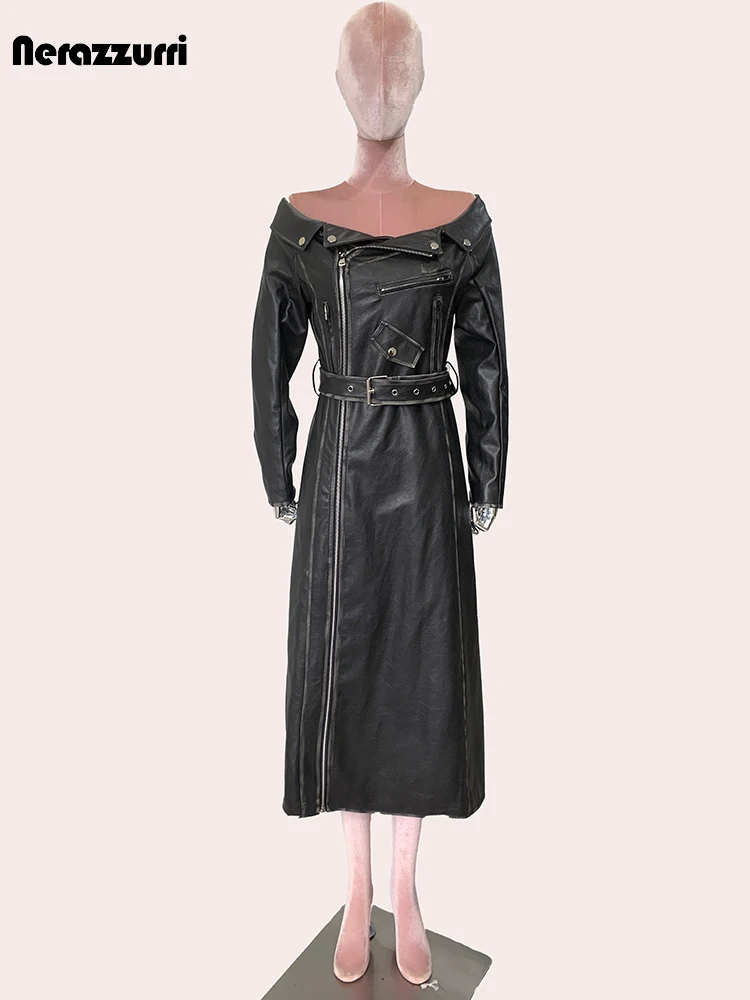 Nerazzurri Spring Autumn Long Distressed Washed Black Pu Leather Midi Off Shoulder Dress Women Belt Luxury Designer Emo Clothes