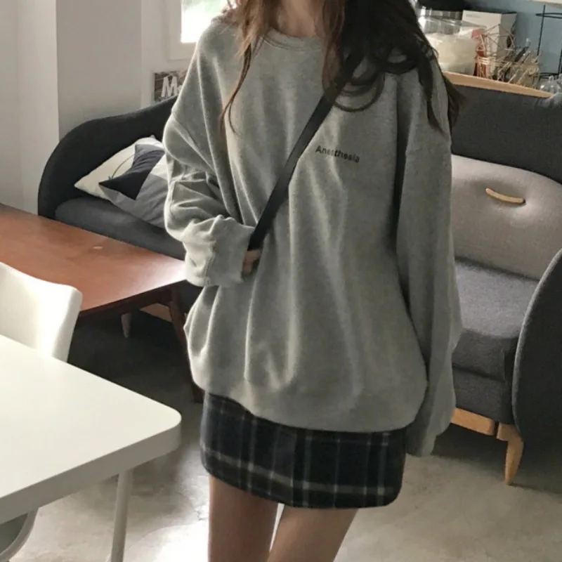 O-hals Hoodies Voor Vrouwen Geen Hoed Koreaanse Stijl Eenvoudige Lente Herfst Lange Mouw College Meisjes Ins Chic Brief Casual Cool Ulzzang