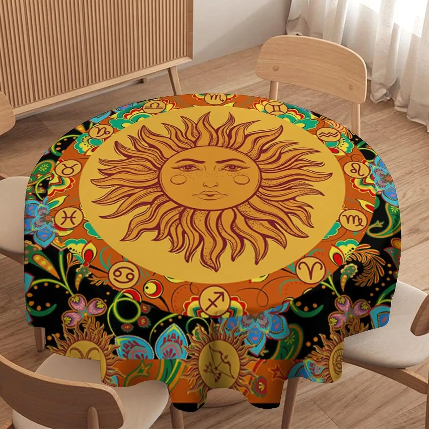 

Vintage Boho Sun Round Tablecloth Wildflower Floral Bohemian Hippie Sun Table Cloth Water Resistant Wipeable Table Cover 60in