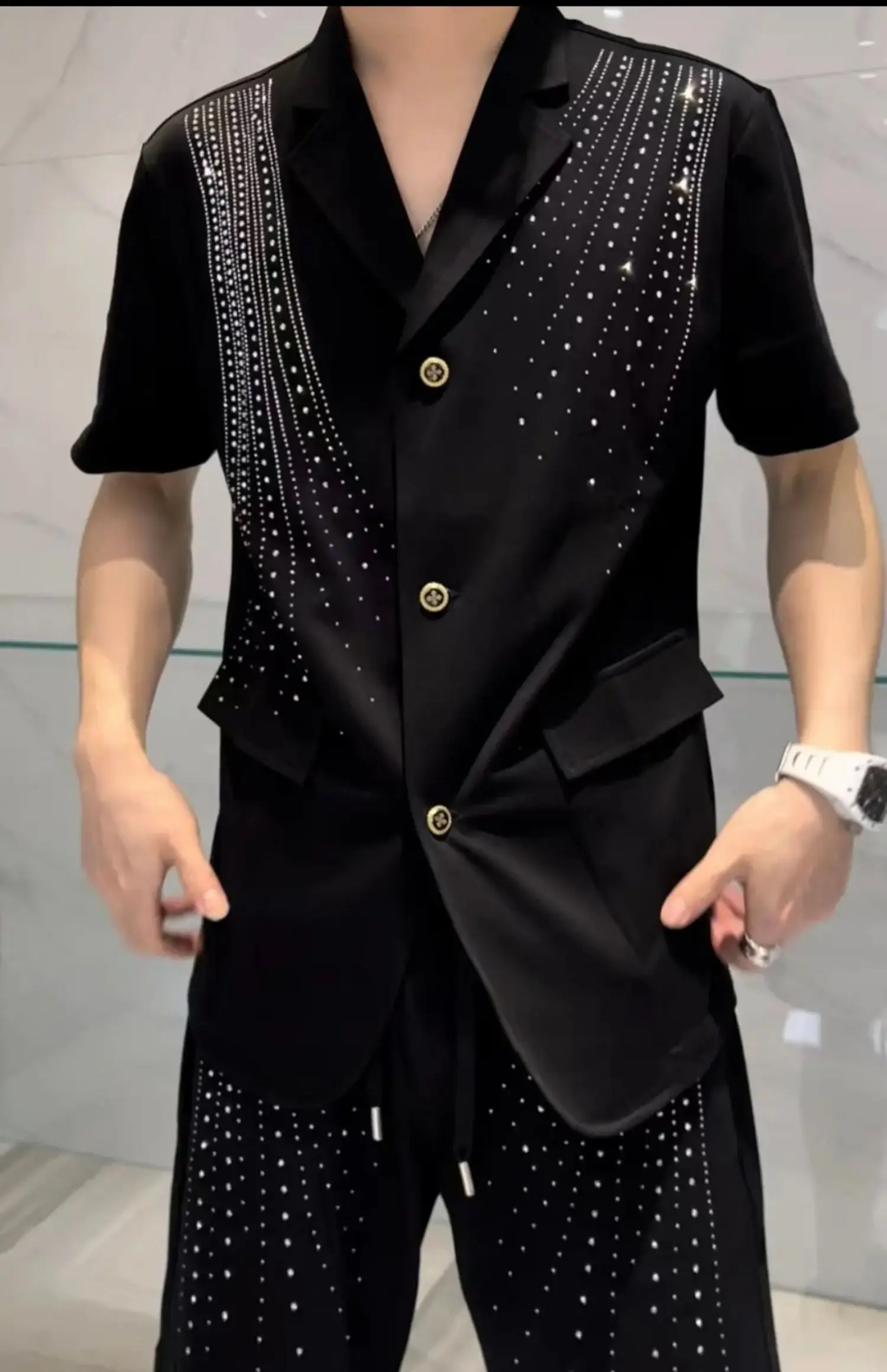 2025 Summer New Fashion Trend Design Heavy Rhinestone Short Sleeve Suit Korean Style Blazer Shorts Two-Piece Set for Men