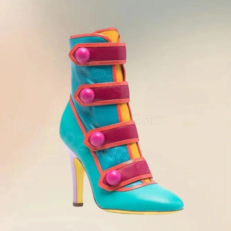 

Colorful Button Patent Leather Pointed Toe Boots Back Zipper Women Shoes Thin High Heels Party Banquet 2025 Zapatos Para Mujere