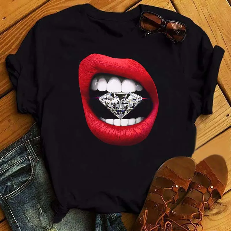 Sexy Colorful Diamonds Lip Print Women T Shirt Short Sleeve O Neck Loose Women Tshirt Ladies Tee Shirt Tops Camisetas Mujer