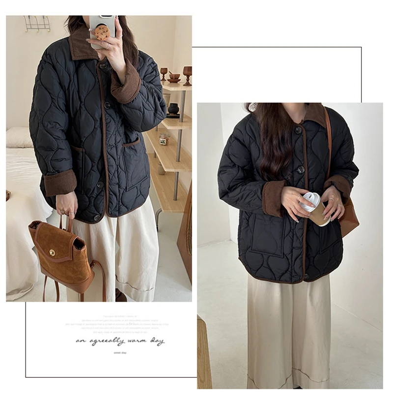 Autumn Down Cotton Padded Jacket Women's 2025 Contrast Lapel Rhombic Thin Short Loose Spring Cotton Padded Casual Coats Female