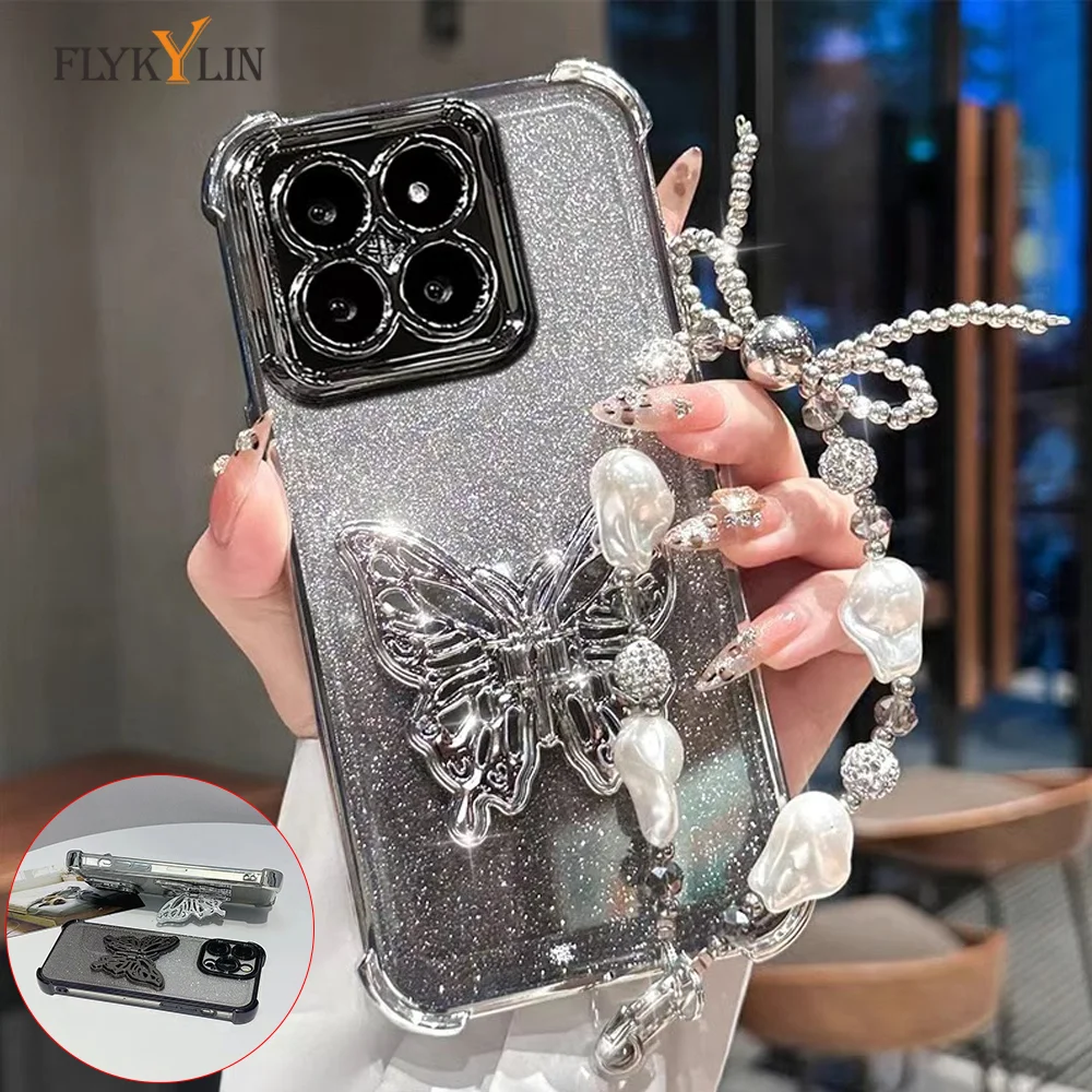 Vlinder Galvaniseren Beugel Telefoon Case Voor Xiaomi Redmi 15C 14C 13 13C Parelketting Zachte Siliconen