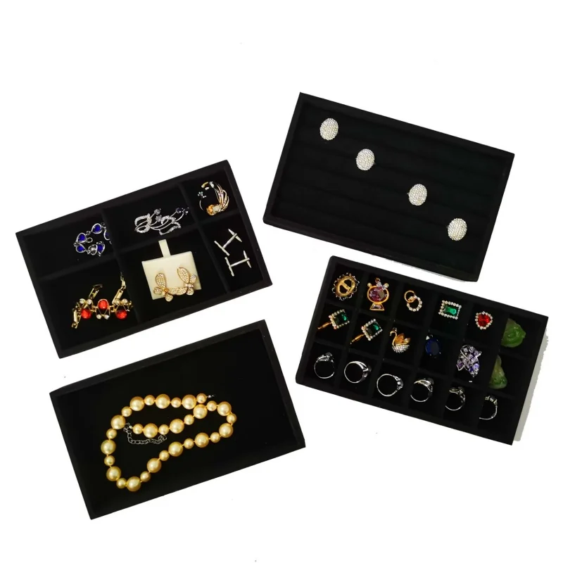 

Набор из 4 штук: Бархатные штабелируемые подносы-органайзеры для украшений (серёг, ожерелий, браслетов, колец) для ящиков комода