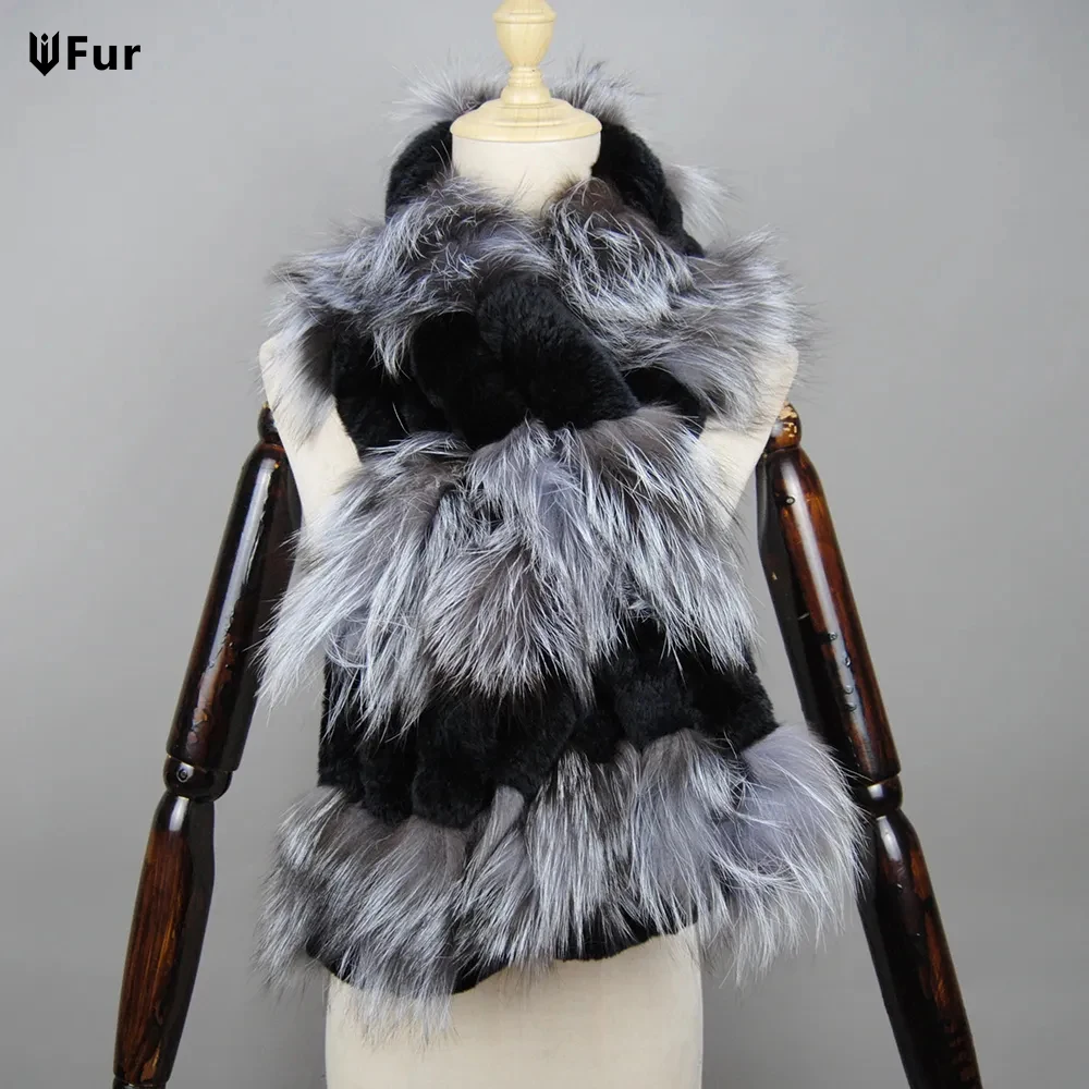 

Winter Women Long Genuine Knitted Fox Fur Scarf Real Rex Rabbit Fur Collar Warm Neck Stole Tassel Natural Silver Fox Fur Scarves