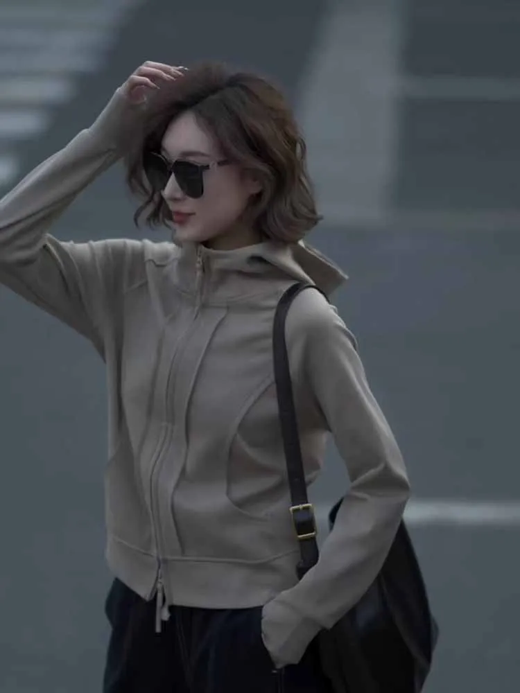 

Khaki Casual Hoodie Spor Sle Autumn Winter Hit 2025 Hat Small Slimming Faion Color Outerwear Top Women's Clothing