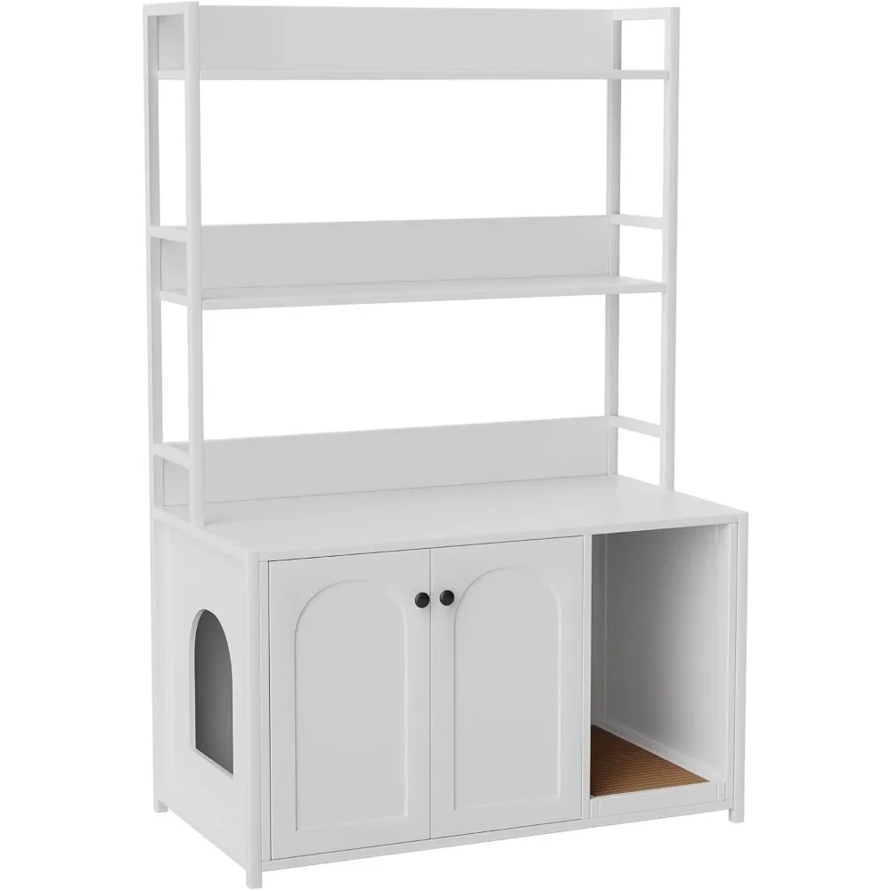 

Litter Box Enclosure with 2 Storage Shelves - Stylish White Hidden Cat Furniture, Scratch Pad,Indoor Cat House & Washroom Cabine