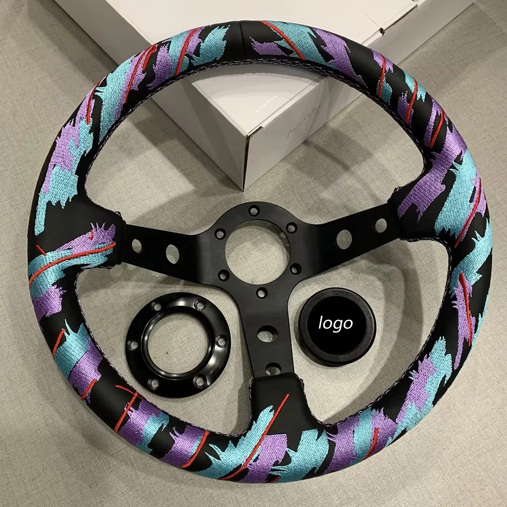 350mm Three Color Customized Embroidered Leather Deep Plate Modified Racing Drift Steering Wheel