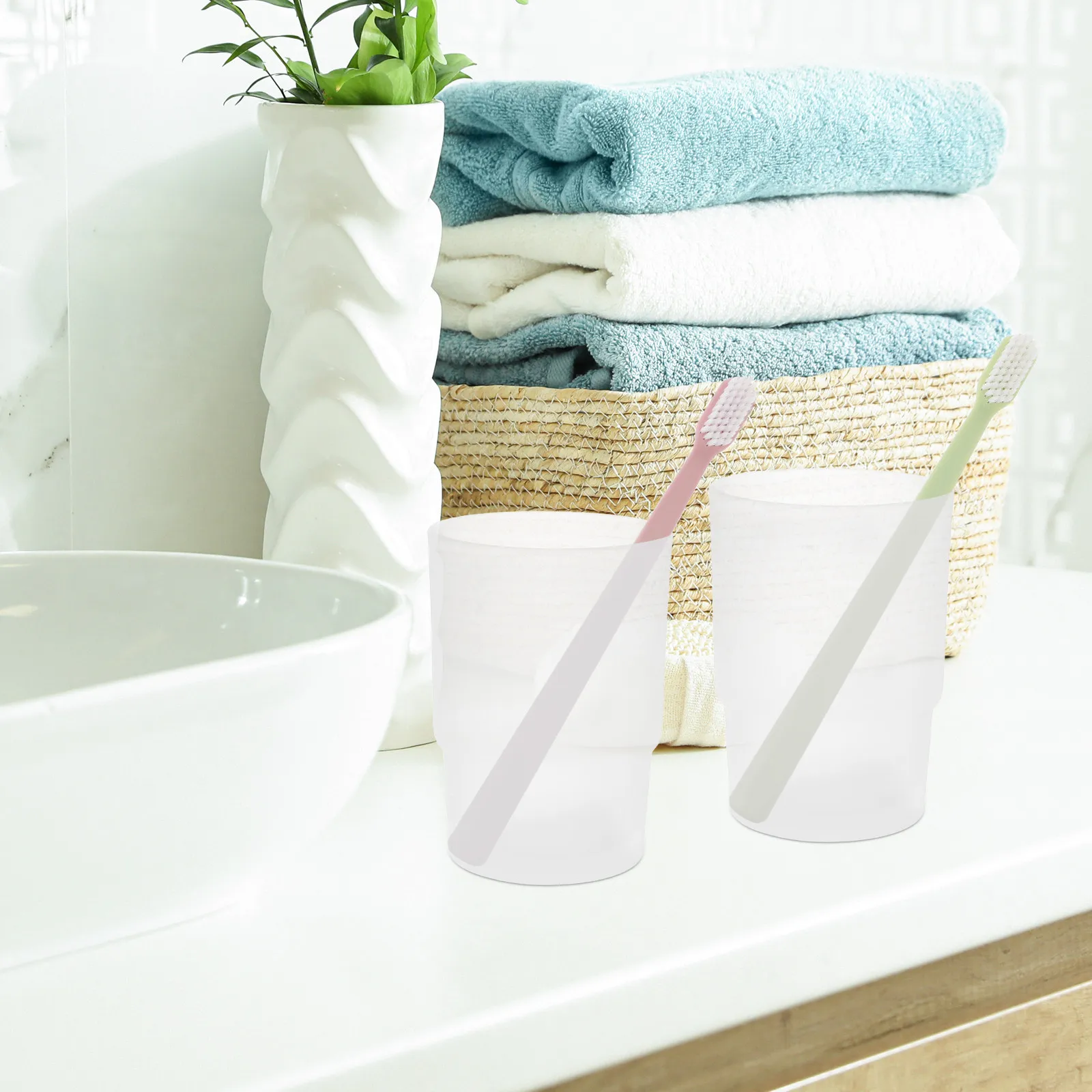 Clear Glass Toothbrush Holder Cups Set (2pcs) for Bathroom – Modern Simple Design, Toothpaste & Rinse Storage