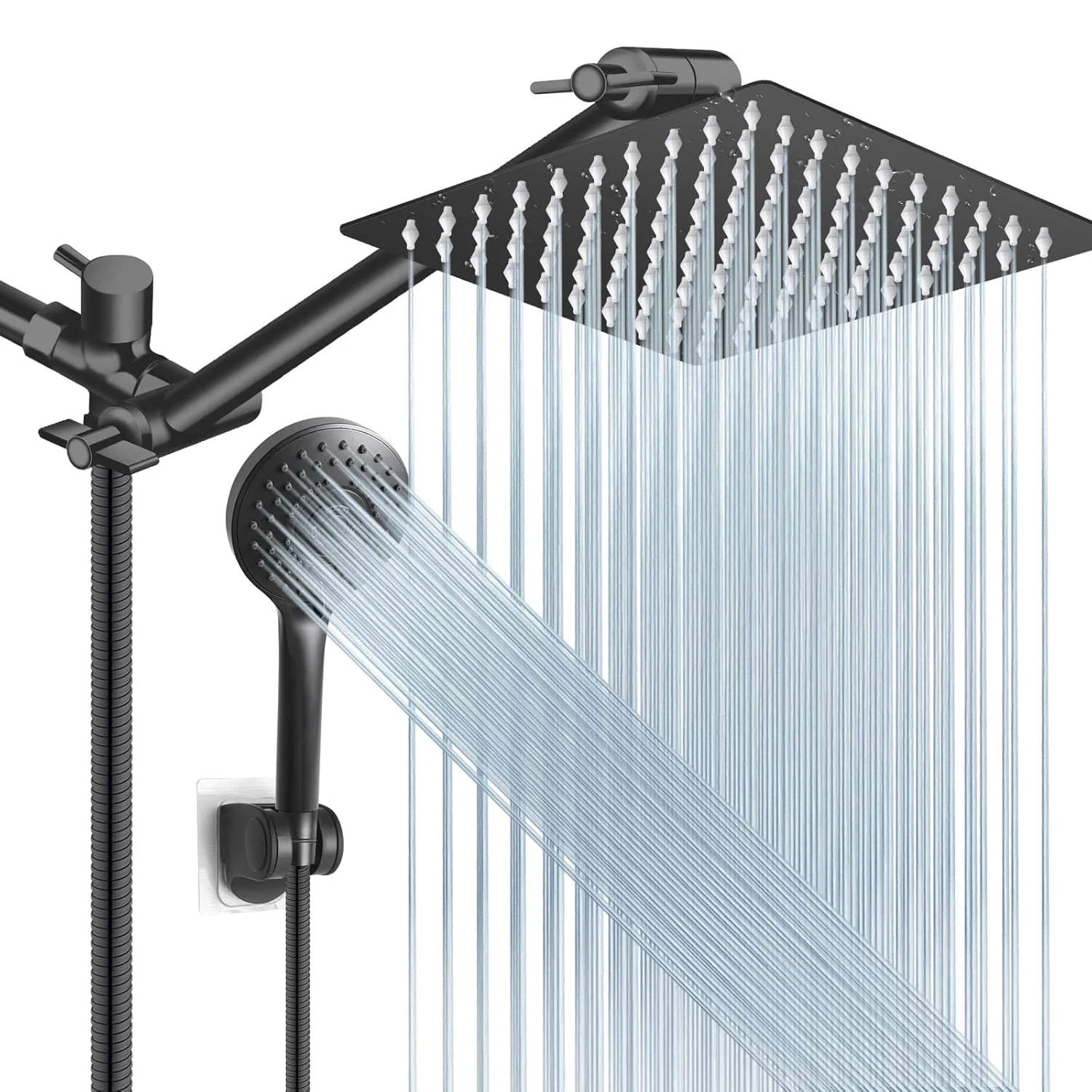 Shower Head Combo, 8 Inch High Pressure Rain with 11 Inch Adjustable Extension Arm and 5 Settings Handheld, Powerful Spray Again