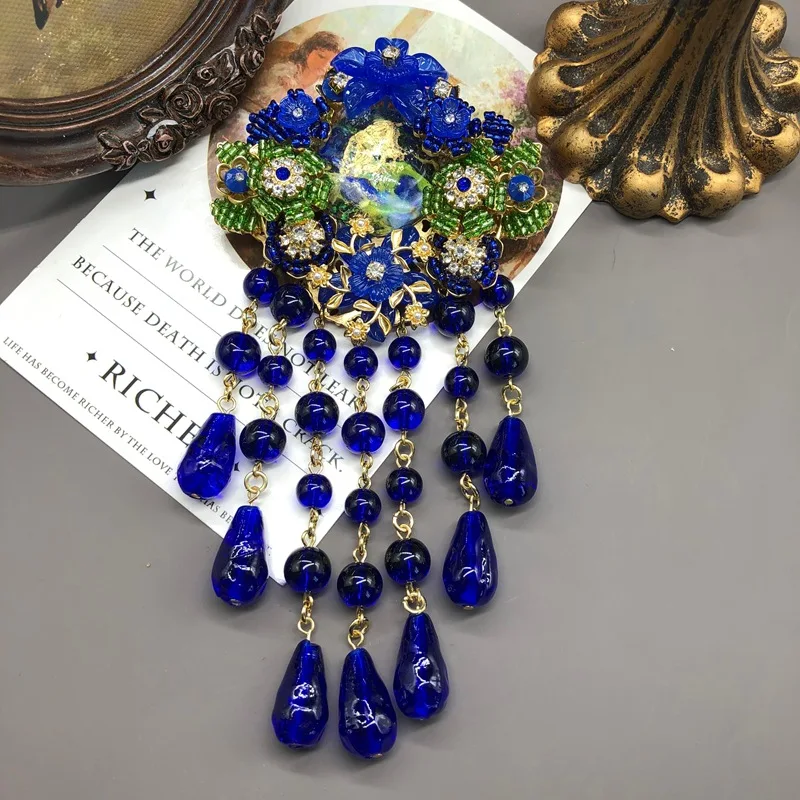 Exaggerated flowers hand-woven exquisite long tassel brooch heavy industry personalized design jewelry