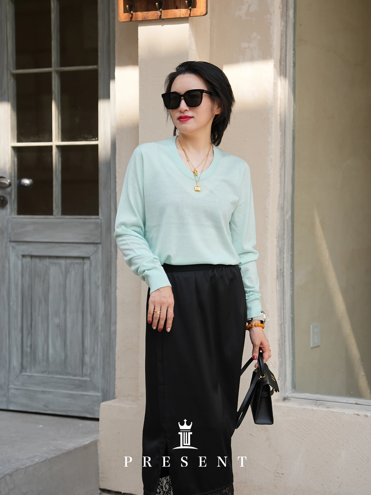 

Lao Ba Ni Jia Ribbe Women's Comfortable Merino Wool Knit Base irt Large U-Ne Thin Spring Sle Soft Loose Fit Long Sve