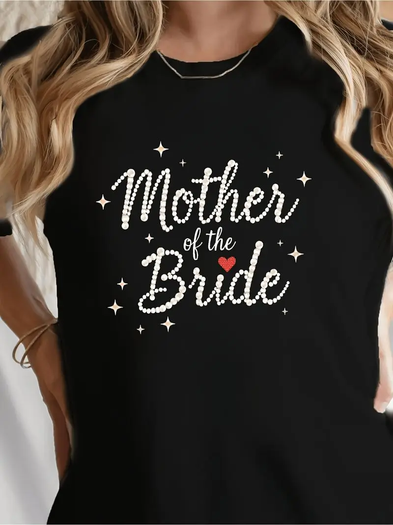 Plus Size Rhinestone Design T-Shirt For The Mother Of The Bride Casual Short Sleeve Round Neck Loose Top For All Year Round Wear