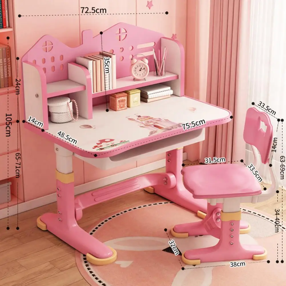 Conjunto de Silla y Escritorio Funcional para Niños, Escritorio de Estudio Escolar Ajustable en Altura con Respaldo en Forma de Castillo