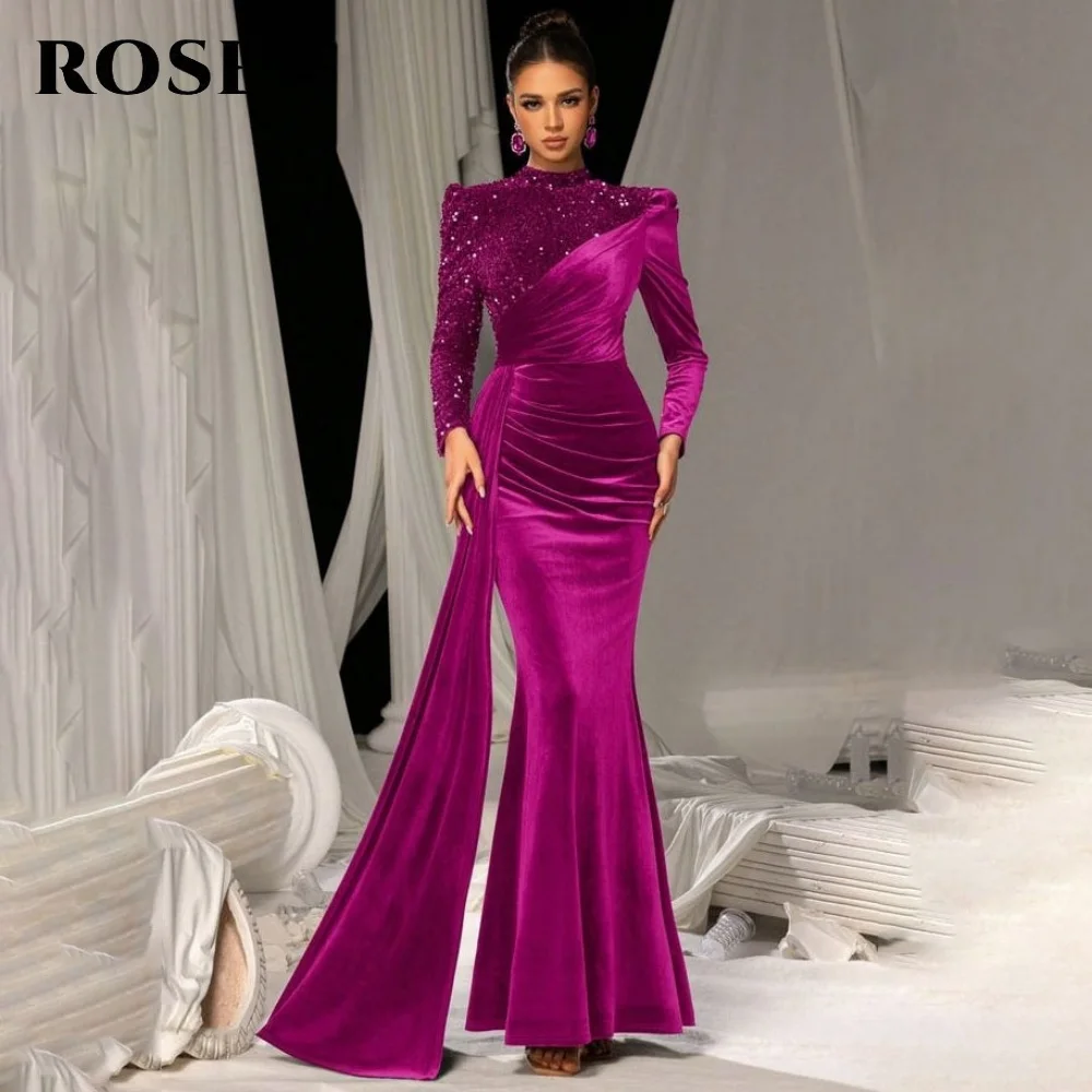 

ROSES Фиолетовые платья для выпускного вечера с высоким воротником Шикарное вечернее платье с длинными рукавами и блестками со складками на трубе Элегантное вечернее платье по индивидуальному заказу