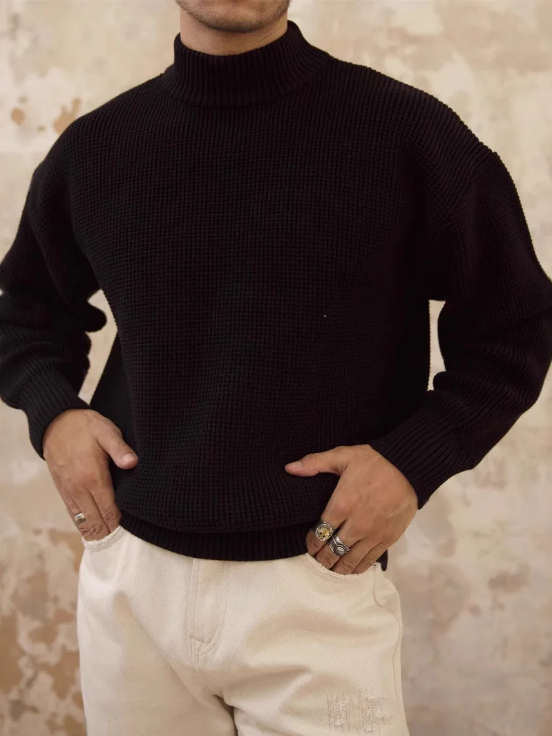 

Men's Thiened Heavyweight f-High Collar Cotton Sweater Casual Loose oulder-Down Vintage American Khaki Long Sve Top