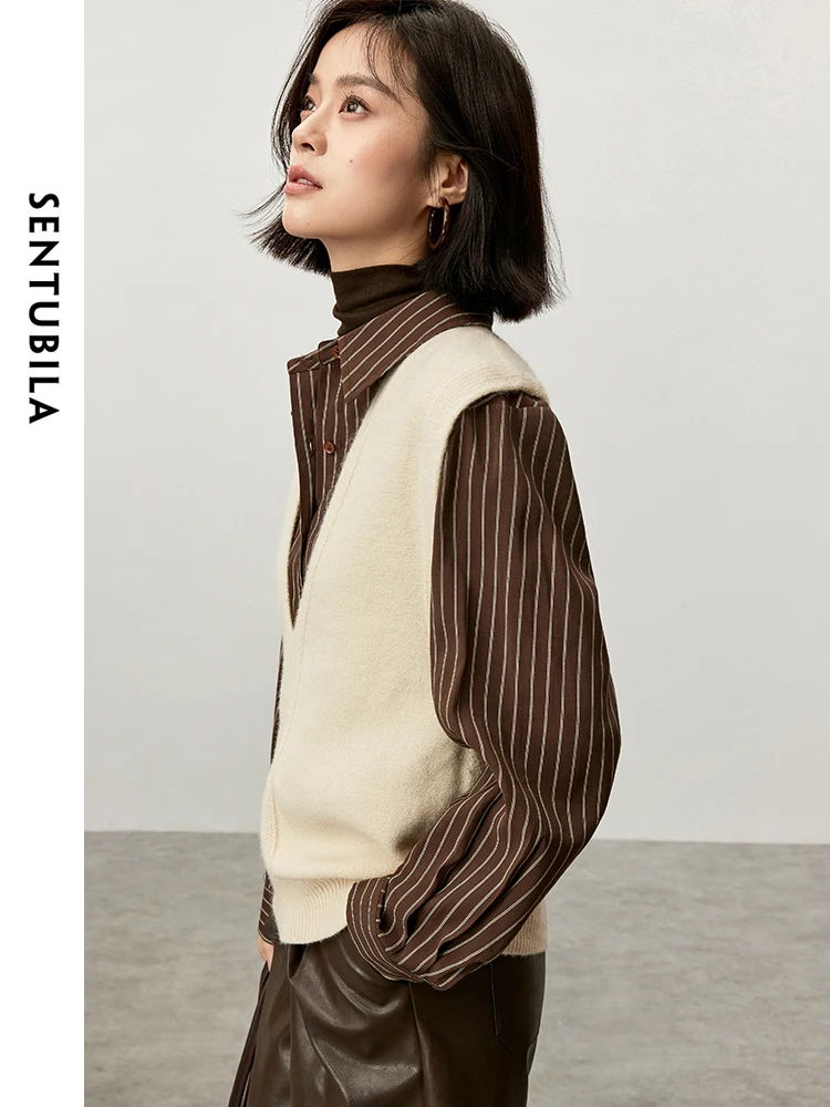 SENTUBILA Casual Allentato Maglia Maglione Maglia per Le Donne 2024 Autunno Semplice di Base Senza Maniche Con Scollo A V Solido Pullover Delle