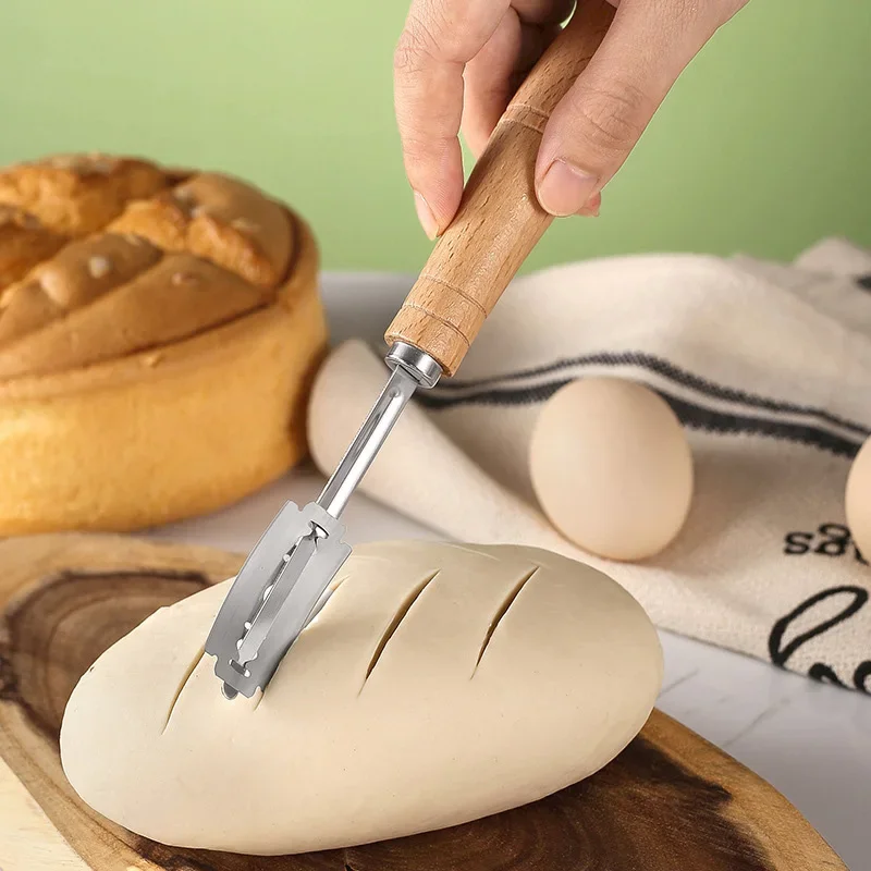 Rebanador de pan curvo con mango de madera, cuchillo creativo para dar forma al pan de acero inoxidable, cuchillo para dividir masa, 1 ud.