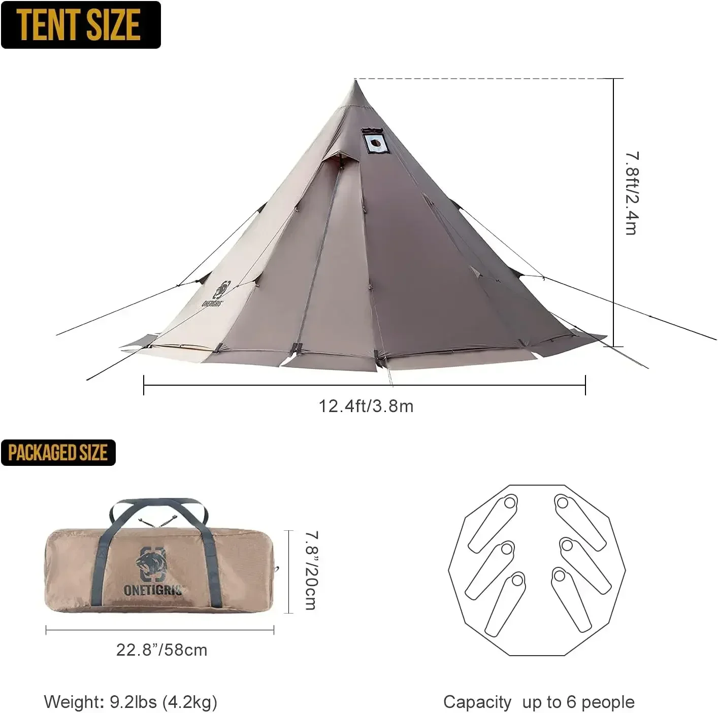 Hot Sellers.OneTigris Rock Fortress Hot Tent with Stove Jack, 4~6 Person, 4 Season Tipi Tent for Family Camping Backpacking.NEW