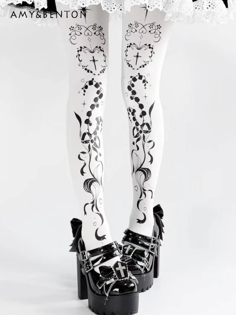 

Dark Lolita Style High Heels Women Subculture Punk Cross Chain Pendant Round Toe PU Thick Sole Shoes Princess Single Shoes