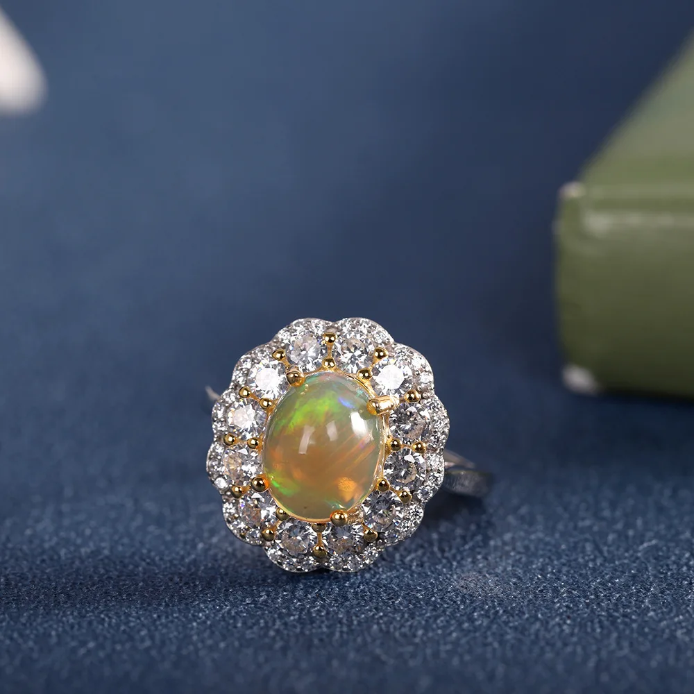 

Natural Colorful Egg Fire Opal Rings for Women Glossy 925 Sterling Silver Finger Ring Sparkly Zircons Crystals Jewelry Fashion