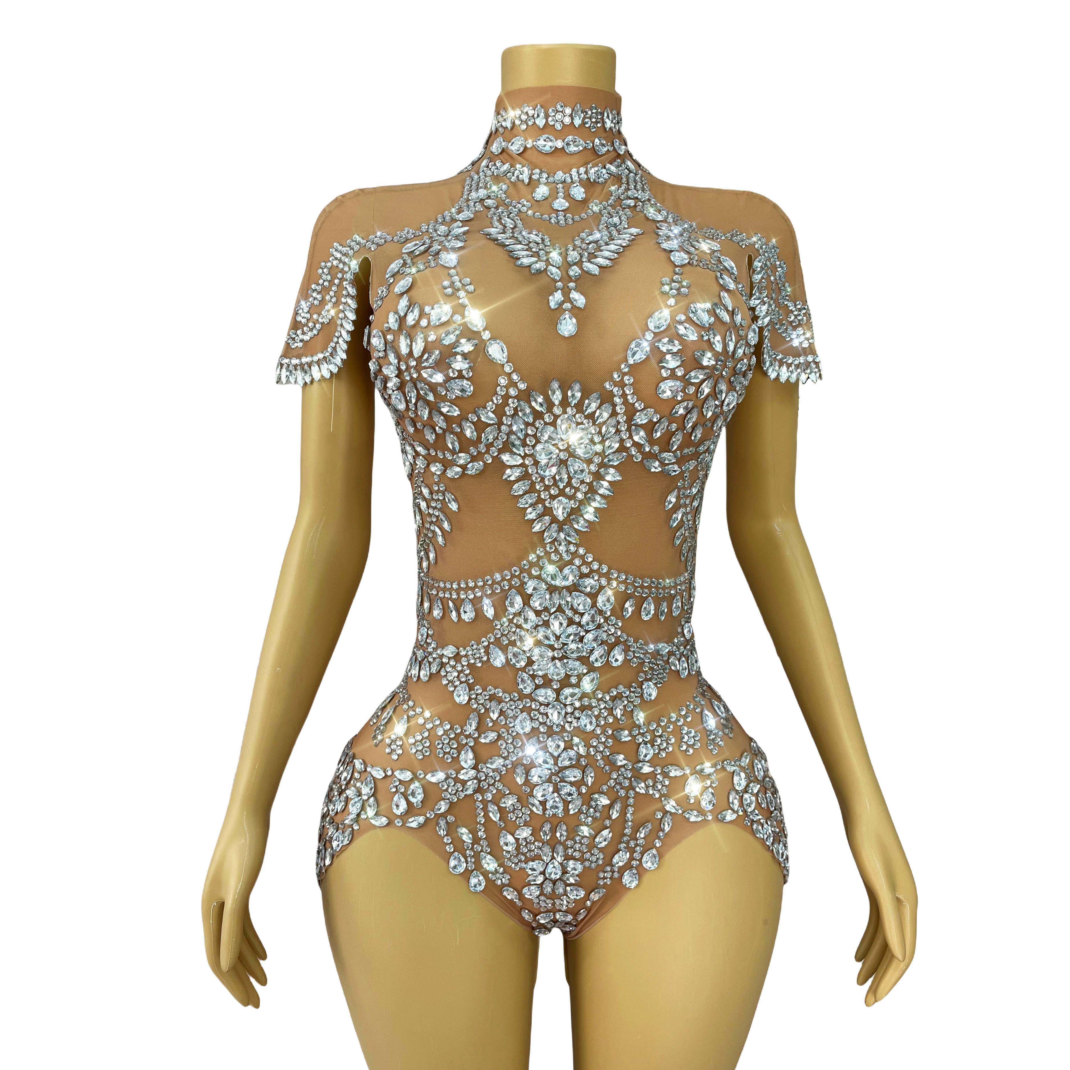 

Nice Luxury Party Shining Rhinestones Nude Mesh High forks Sexy Women Singer Dancer Club Vestido Stage Perform Costume Wuniang